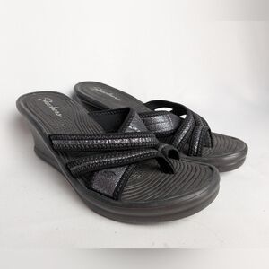 SKECHERS Sandals Wedge Women Size 5 Flip Flop Black And Silver